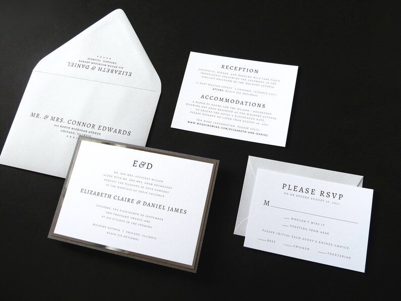 INVITATION SAMPLE Cool Grey Silver Foil Dark Grey Shimmer Formal Modern Layered Monogram Wedding Invitation in White The Aura Suite
