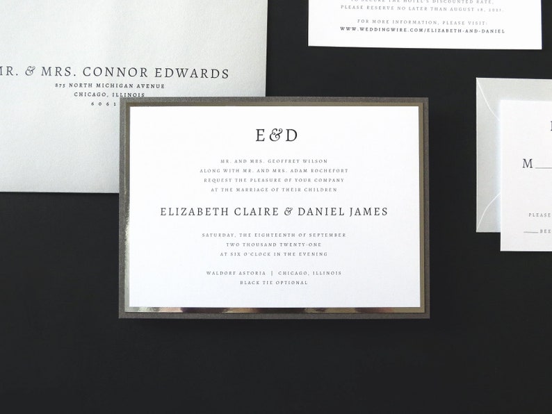 INVITATION SAMPLE Cool Grey Silver Foil Dark Grey Shimmer Formal Modern Layered Monogram Wedding Invitation in White The Aura Suite