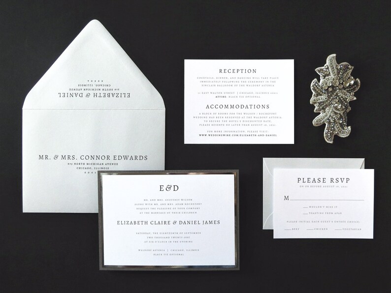 INVITATION SAMPLE Cool Grey Silver Foil Dark Grey Shimmer Formal Modern Layered Monogram Wedding Invitation in White The Aura Suite
