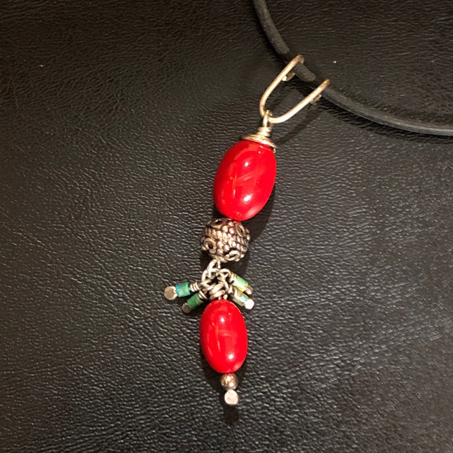 Red Pendant Necklace / Sterling Silver Red Beaded Pendant / Silver