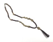 Natural coral nuggets, wood, and tassel pendant statement necklace