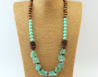 Chrysoprase necklace with wood and minty glass beads MADE TO ORDER