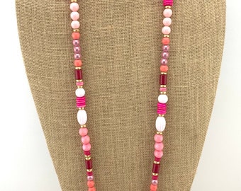 All pink long necklace - vintage beads, wood, polymer clay, etc