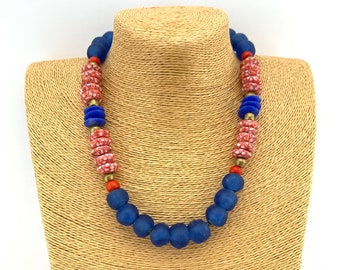 Red, white, and blue African glass  with antique African brass and bone necklace