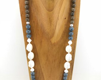 White iridescent scallop shells with blue grey glass and brown wood - long necklace