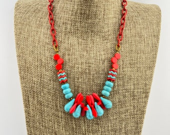 SALE Necklace - Bright turquoise howlite and red Czech glass with vintage red chain