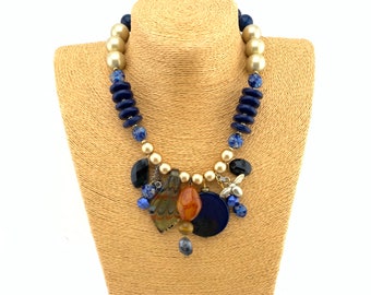 Eclectic collage blue necklace with bee, chevron glass teardrop, blue disc, vintage beads, etc