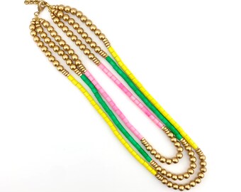 3-strand necklace with pink, green, yellow vintage Japanese beads and good wood