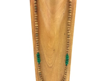 Green malachite saucer rondels with olive wood necklace