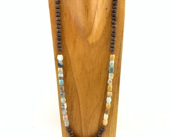 Pastel amazonite necklace with mala beads and dark brown wood beads