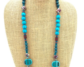 SALE Necklace - Teal and maroon ceramic necklace with wood and lava