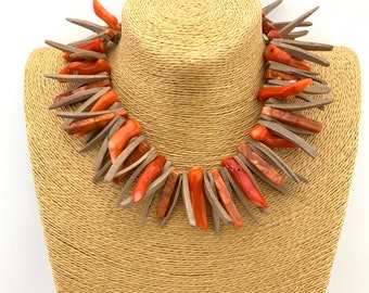 Salmon orange coral and wood spike collar necklace