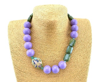 Iris Golem handpainted ceramic bead asymmetrical and sage green and lavender purple beaded necklace