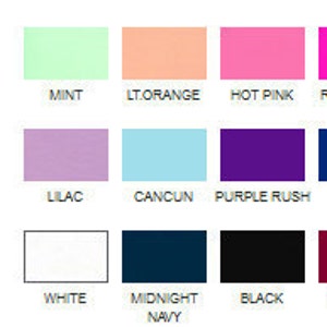 May include: Color chart with 12 different colors, including mint, light orange, hot pink, lilac, Cancun blue, purple rush, white, midnight navy, black, and burgundy.