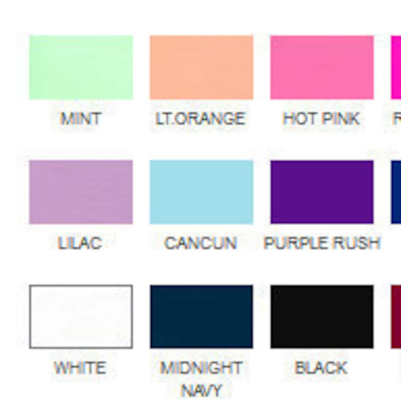 May include: Color chart with 12 different colors, including mint, light orange, hot pink, lilac, Cancun blue, purple rush, white, midnight navy, black, and burgundy.