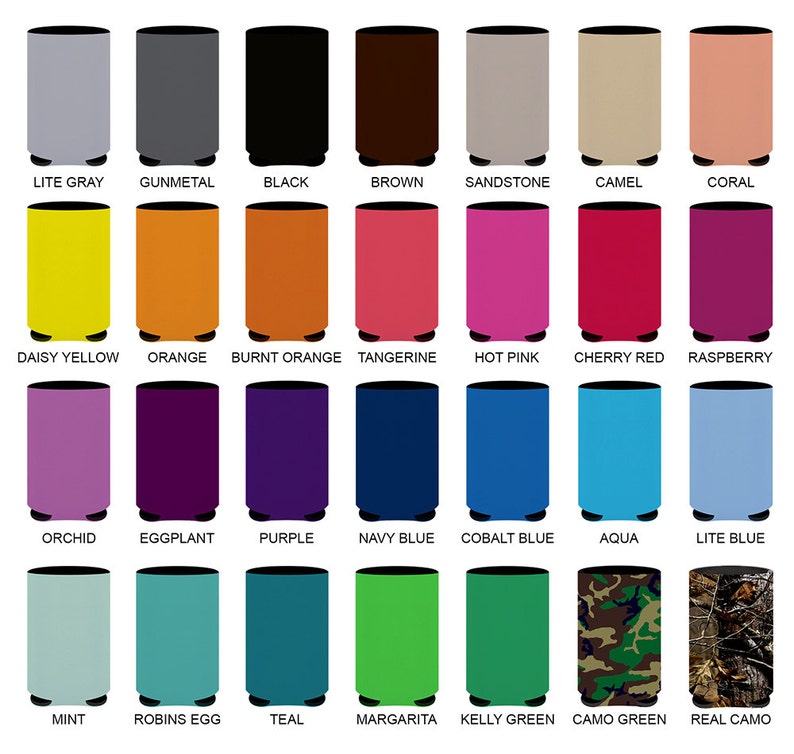 Pode incluir: Uma variedade de cores de coolers de latas, incluindo cinza claro, metal cinza, preto, marrom, arenito, camelo, coral, amarelo claro, laranja, laranja queimado, tangerina, rosa quente, vermelho cereja, framboesa, orqu&iacute;dea, berinjela, roxo, azul marinho, azul cobalto, &aacute;gua, azul claro, menta, ovo de robin, azul esverdeado, margarita, verde kelly, verde camuflado e camuflado real.