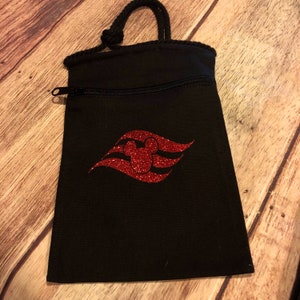 May include: Black drawstring bag with a zipper closure and a red glitter Mickey Mouse head on a red glitter wave design.