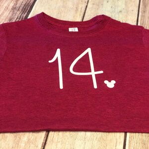 May include: Burgundy t-shirt with the number 14 and a white Mickey Mouse silhouette.