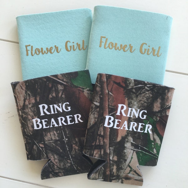 Flower girl can cooler, flower girl gift, ring bearer gift, personalized can cooler, bridal party favor, simple can hugger, camo cooler