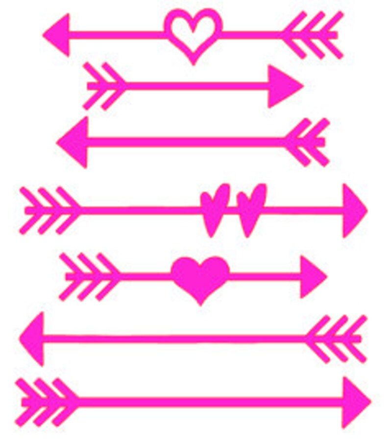 Pode incluir: Conjunto de seis gr&aacute;ficos de flechas cor-de-rosa com desenhos de cora&ccedil;&otilde;es. As flechas apontam em dire&ccedil;&otilde;es opostas. Os cora&ccedil;&otilde;es s&atilde;o de tamanhos e formas diferentes.
