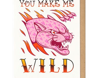 Tarjeta de felicitación con diseño de pantera rosa con el mensaje "Me haces salvaje"
