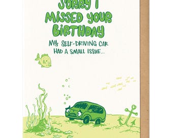 Tarjeta de felicitación de cumpleaños con coche autónomo atrasado