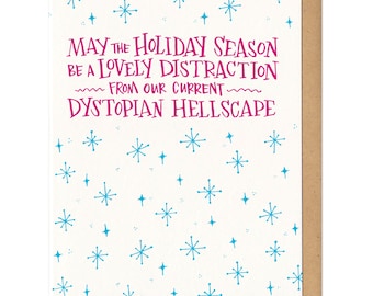 Tarjeta de felicitación navideña con paisaje infernal distópico