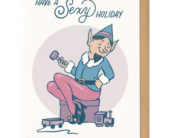 Tarjeta de felicitación con elfo sexy de vacaciones