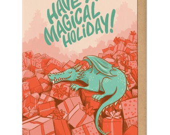 Tarjeta de felicitación navideña con un dragón mágico