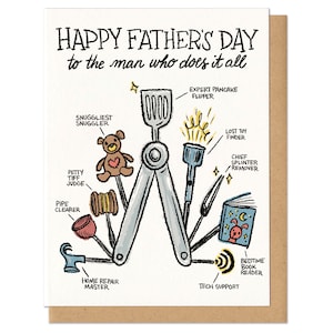 May include: Father's Day card featuring a humorous multi-tool illustration. The card's text reads "HAPPY FATHER'S DAY to the man who does it all." The tool's functions include "Expert Pancake Flipper," "Lost Toy Finder," and "Bedtime Book Reader."