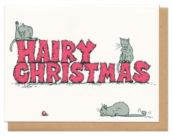 Tarjeta de felicitación navideña con gatos peludos