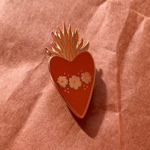 Copper Heart Enamel Pin, 1.65" Sacred Heart, Copper Finish. Brick & Red Hard Enamel, Desert Wedding, Corazon Pin, Stocking Stuffer Gift Idea