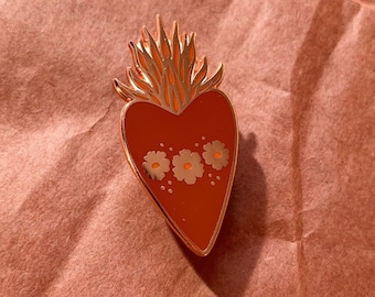 Copper Heart Enamel Pin, 1.65" Sacred Heart, Copper Finish. Brick & Red Hard Enamel, Desert Wedding, Corazon Pin, Stocking Stuffer Gift Idea