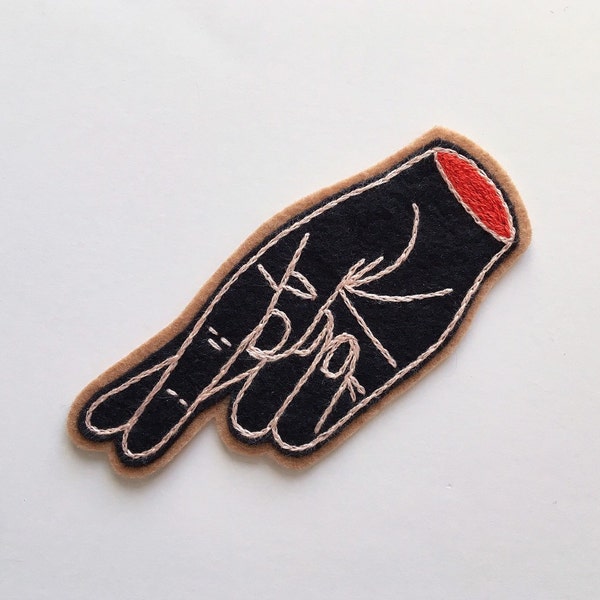 Hand Embroidered Patch, Lucky Fingers Crossed Wool Blend Felt Sew On Patch, Black. Hand Stitched Charm, Gift Idea. Made to Order~ 2" x 4.25"