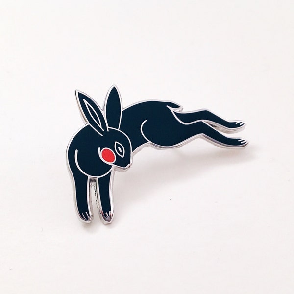 Black Rabbit Enamel Pin, 1.5" Hard Enamel Pin in Silver Finish w/ Rubber Clutch. Leaping Bunny, Bun Wild Animal Cloisonné Brooch, Gift Idea.