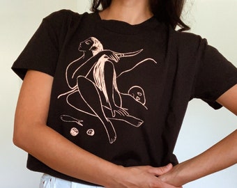 Siren Crop Tee, Black Hand Printed Women's T-shirt, Pink Ink, Cotton Tee, Screen Printed Textile. Cropped. Mermaid, Ocean Inspired, Skull.