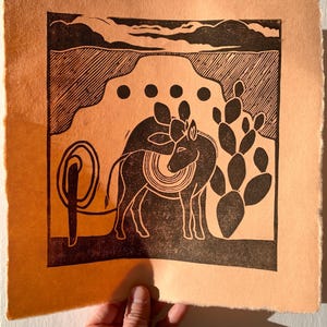 Burro Block Print | 8.5" x 8.5" Linocut Art Print, Ink & Cotton Paper, Deckle Edge Artwork, Southwest Cactus Adobe