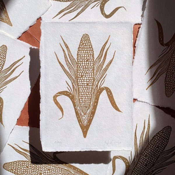 Maiz 5x7" Block Print, Cornstalk Linocut Art Print. Mexican Artwork, Fall, Dia de Muertos, Gold Ink, Cotton Rag, Deckle Edge, Gift Idea