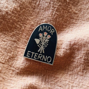 SECONDS SALE | Amor Eterno Hard Enamel Pin, 1" Pin Silver. Eternal Love Tombstone Pin, Til Death Wedding Favor, Gift Idea, Stocking Stuffer