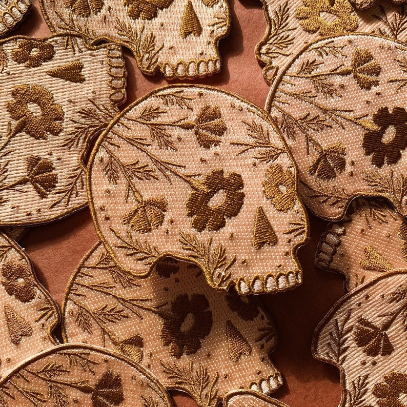 Calavera Floral Skull Patch, Iron-On Patch, 3 Embroidered Accessory, Blush, Desert Poppy, Skeleton, Wildflower, Dia de los Muertos, Gift image 1
