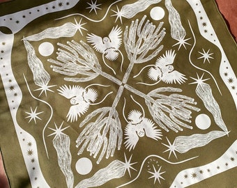 Nocturne Cotton Bandana | Black, Olive, Pecan, Bone 100% Cotton Handkerchief Accessory. Tapestry, Screenprint, Night Owl Cactus Desert Print