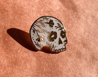 Calavera Skull Enamel Pin, 1.1" Hard Enamel Pin, Gold Finish. Desert Poppy, Skeleton, Floral, Dia de los Muertos, Gift Idea