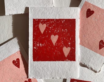 Dice Valentine Card + Mini Block Prints | 3.5x5 Folded Card & Envelope. Linocut, Red, Pink Ink. Cotton Deckled Edge. Love, Handmade