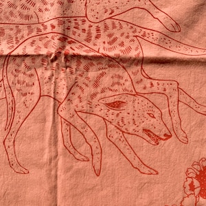 Dog Pack Japanese Cotton Bandana | Terra Pink, Red 100% Cotton Handkerchief Accessory. Screenprint, Wolf, Coyote, Cactus, Desert Print, Gift