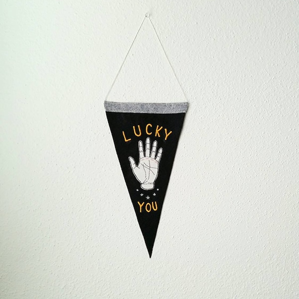 Hand Embroidered Pennant | Lucky You | Wool Felt Palmistry Wall Hanging, Banner, Home Decor