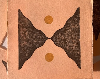 Valley 8" x 8" Block Print | Linocut Artwork, Desert Landscape, Mountain & Moon, Sun, Deckle Edge