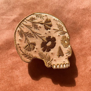 Calavera Floral Skull Patch, Iron-On Patch, 3 Embroidered Accessory, Blush, Desert Poppy, Skeleton, Wildflower, Dia de los Muertos, Gift image 3