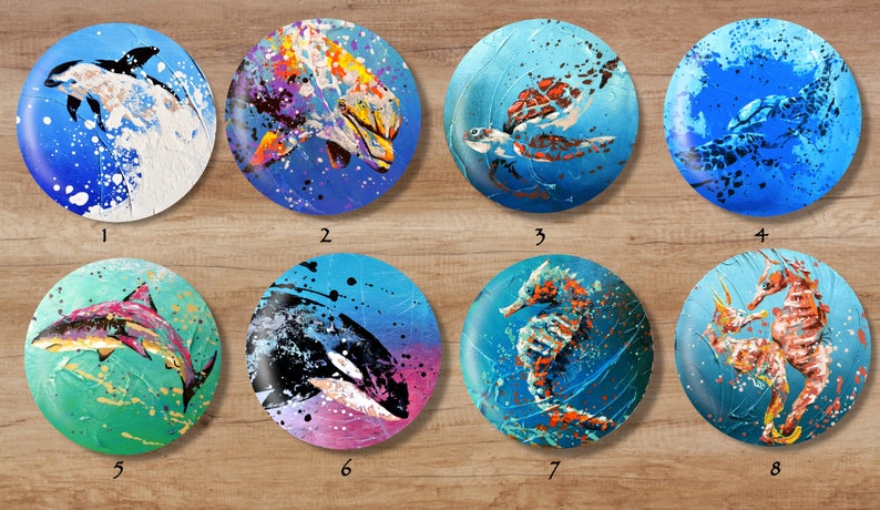 AQUATIC animal badges 37mm or 56mmpin/'sanimalDolphinwhaleOrcaseahorseturtlesharkpaintart