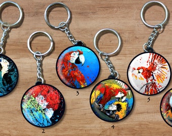 Keychain 2 faces PARROTS TOUCANS // colorful birds // exotic // tropical // macaw // hyacinth // ararauna // red macaw // gift idea