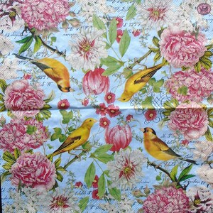 May include: A blue background with a floral pattern featuring pink peonies, white flowers, and yellow birds. The background is covered with a faded, handwritten text.